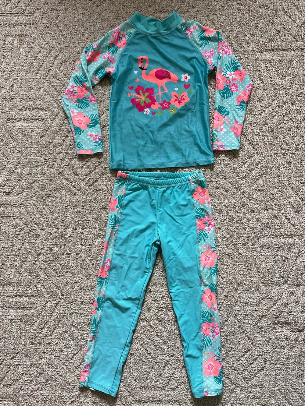 Girls' Turquoise Flamingo Swim Set with Floral Sleeves